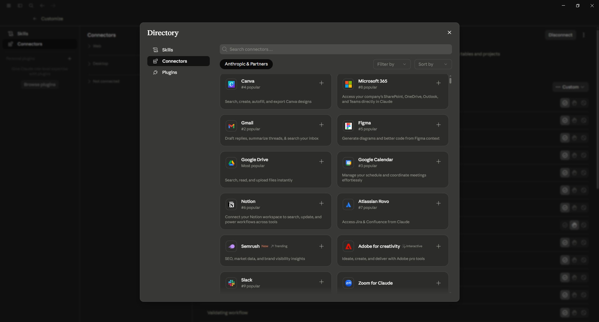 Claude's Connectors tab showing available MCP integrations including Canva, Gmail, Google Drive, Figma, and others